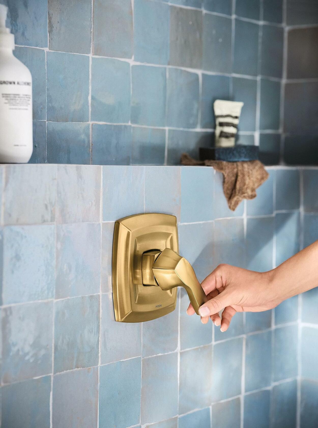 Moen Voss Brushed Gold Posi-Temp Posi-Temp Pressure Balancing Shower Trim Featuring Showerhead and Shower Lever Handle, Valve Required, T2692BG