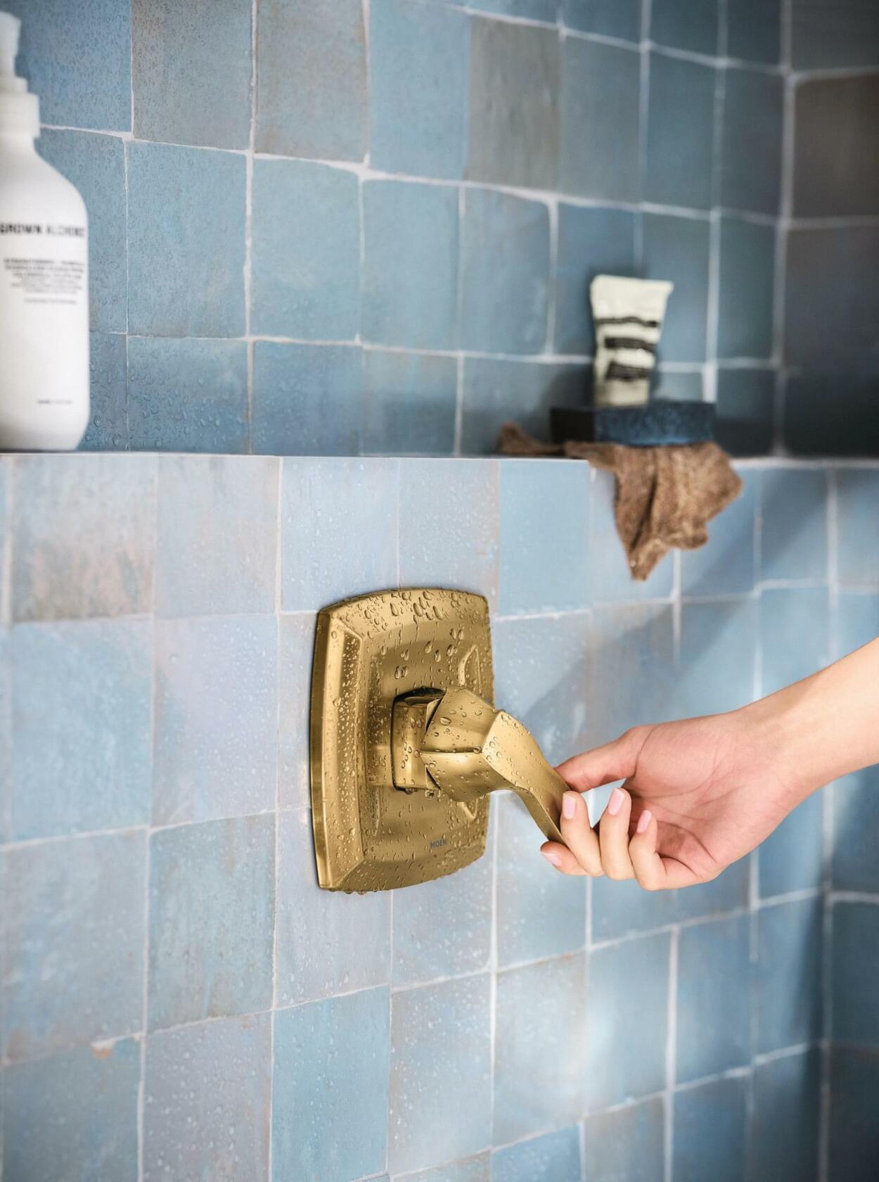 Moen Voss Brushed Gold Posi-Temp Posi-Temp Pressure Balancing Shower Trim Featuring Showerhead and Shower Lever Handle, Valve Required, T2692BG