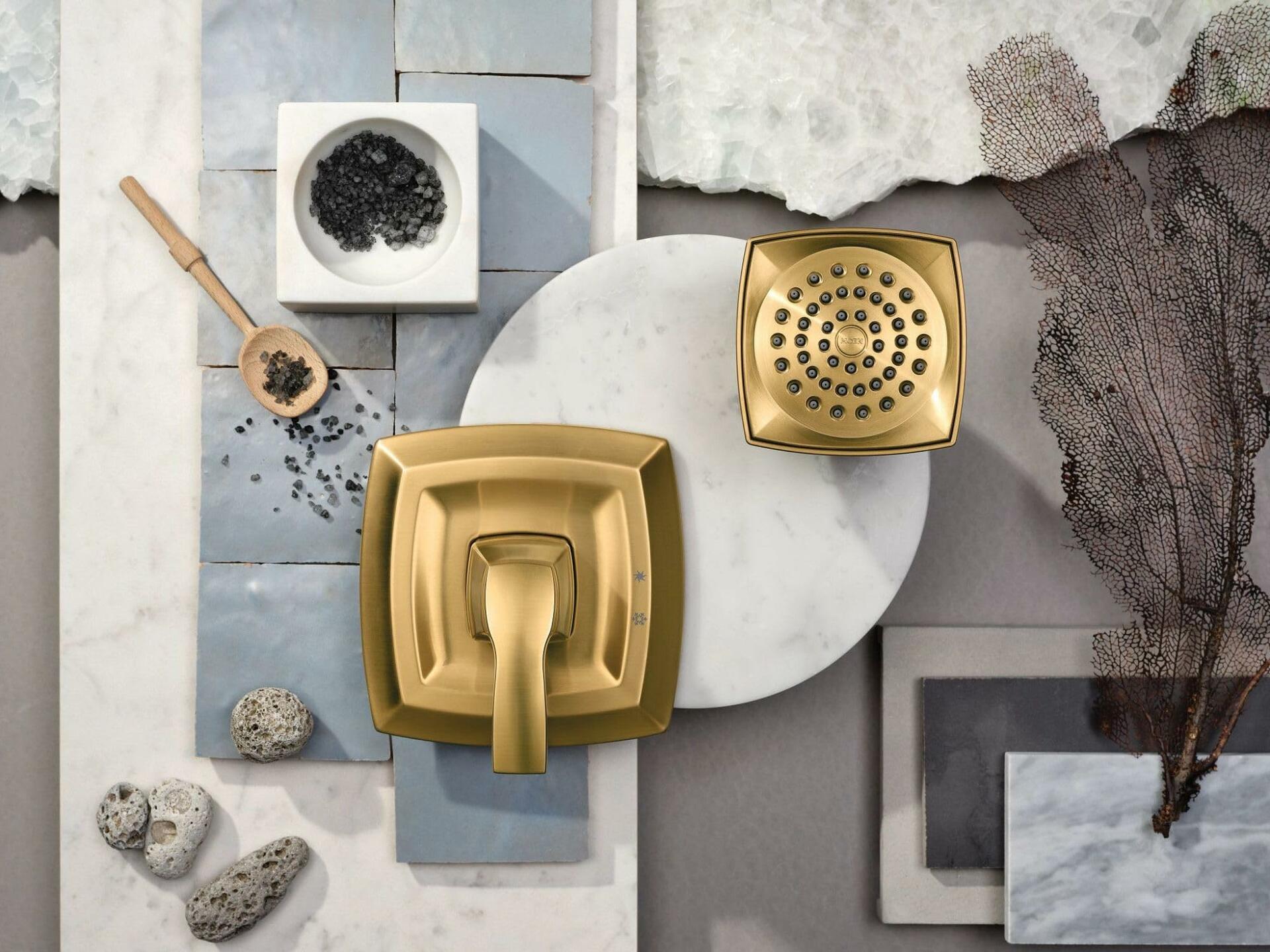 Moen Voss Brushed Gold Posi-Temp Posi-Temp Pressure Balancing Shower Trim Featuring Showerhead and Shower Lever Handle, Valve Required, T2692BG