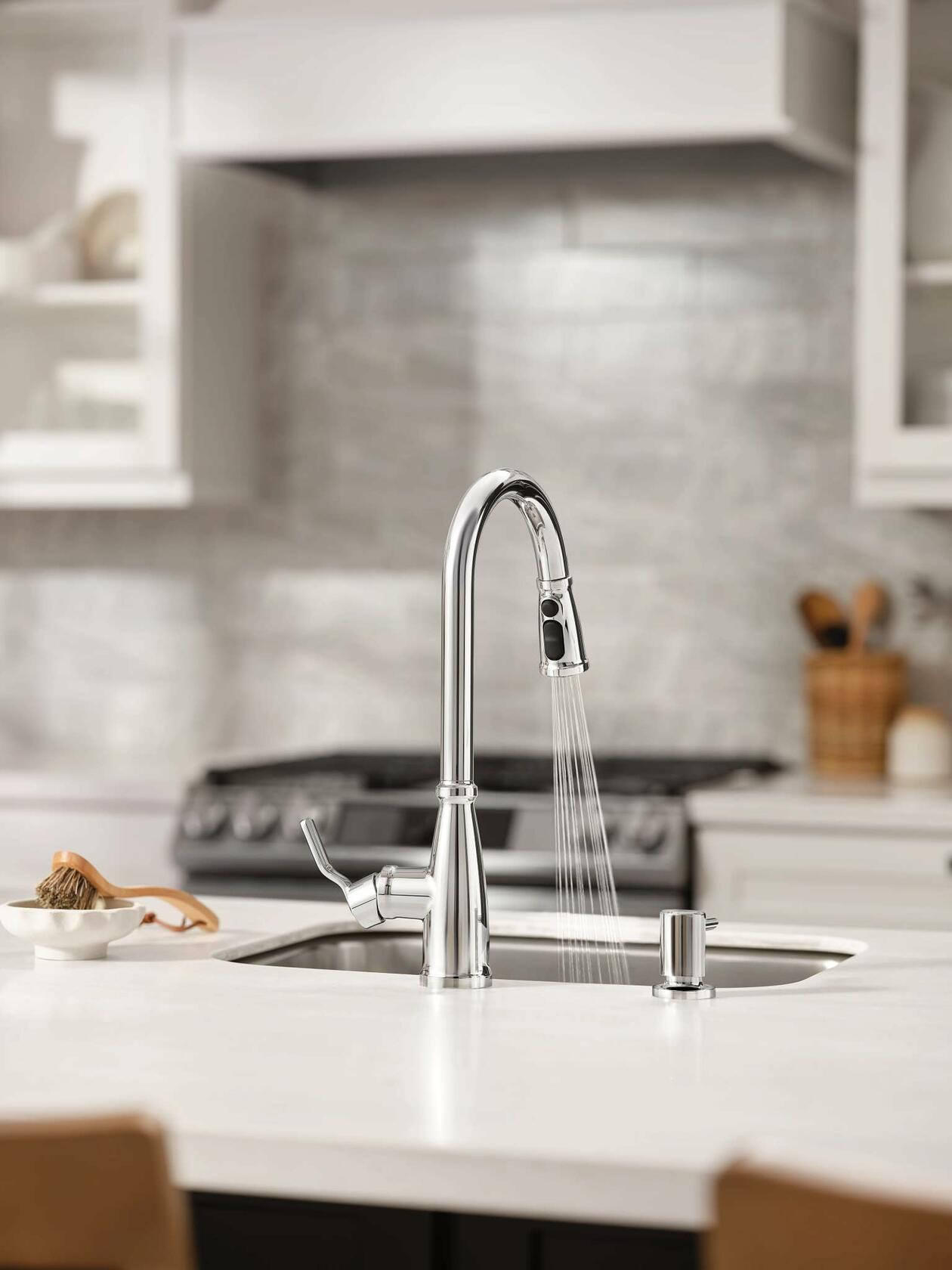 Moen Nolia Chrome One-Handle High Arc Kitchen Faucet with Pull Down Sprayer and Soap Dispenser, Kitchen Sink Faucet Featuring Power Boost Technology, 87071
