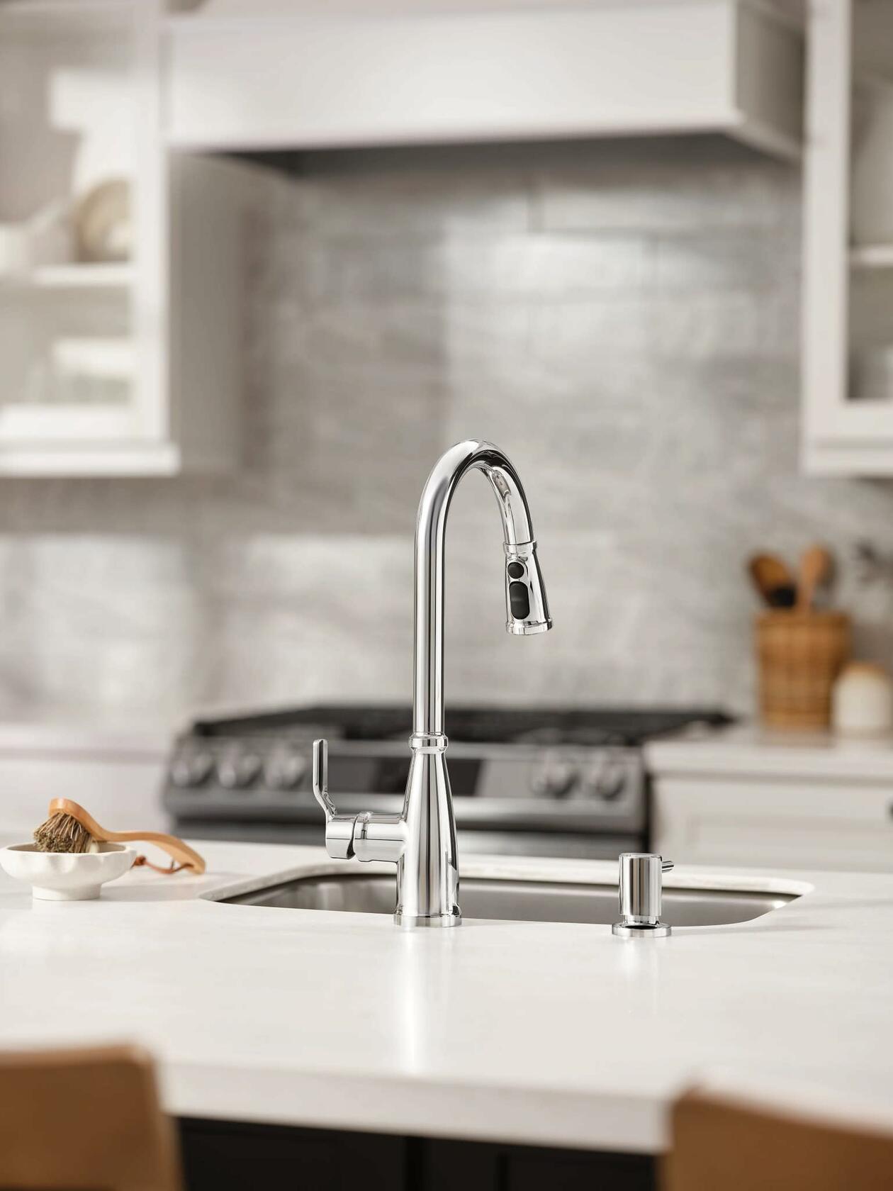 Moen Nolia Chrome One-Handle High Arc Kitchen Faucet with Pull Down Sprayer and Soap Dispenser, Kitchen Sink Faucet Featuring Power Boost Technology, 87071
