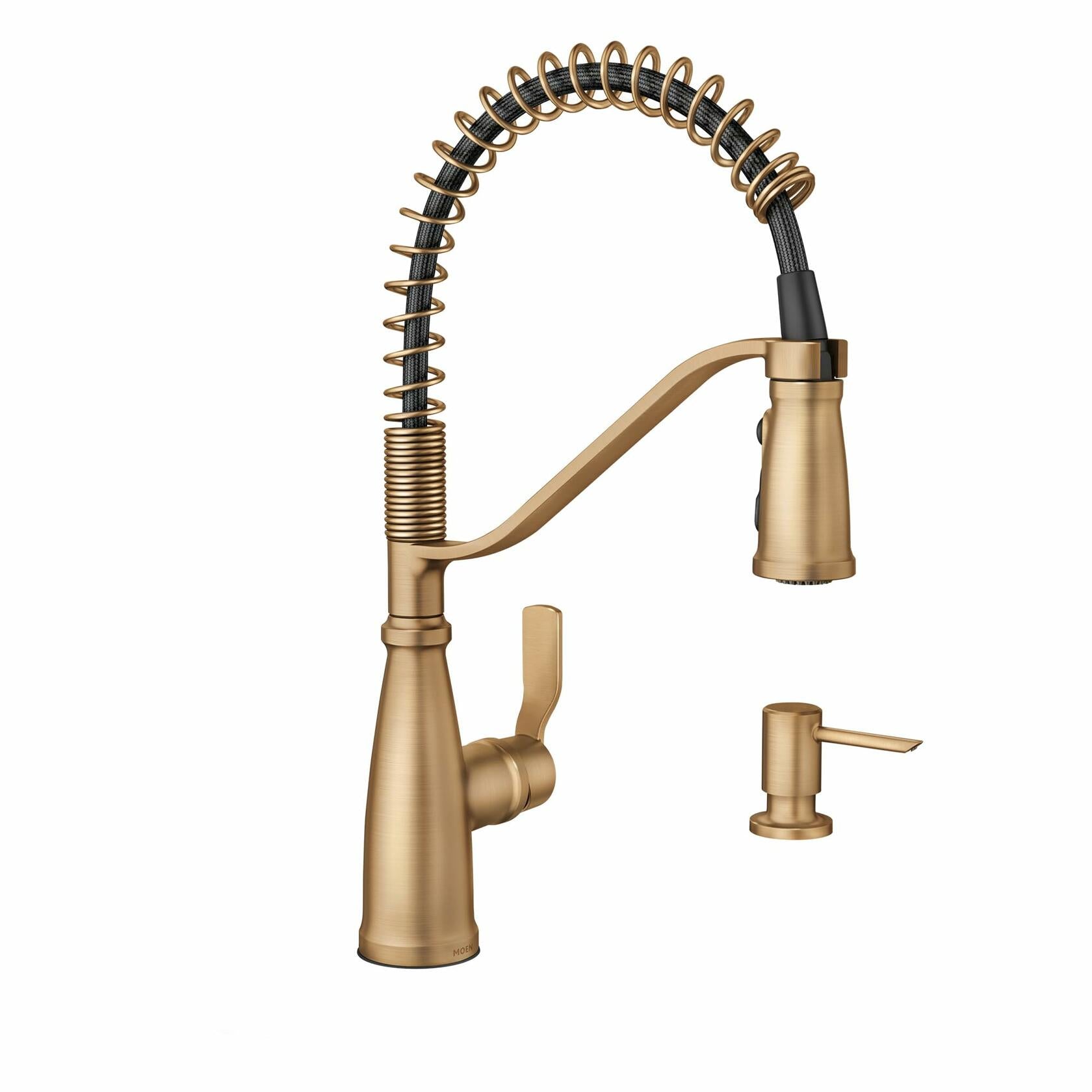 MOEN Nolia 87886BZG Single-Handle Pre-Rinse Spring Pulldown Kitchen Sink Faucet with Soap Dispenser in Bronzed Gold