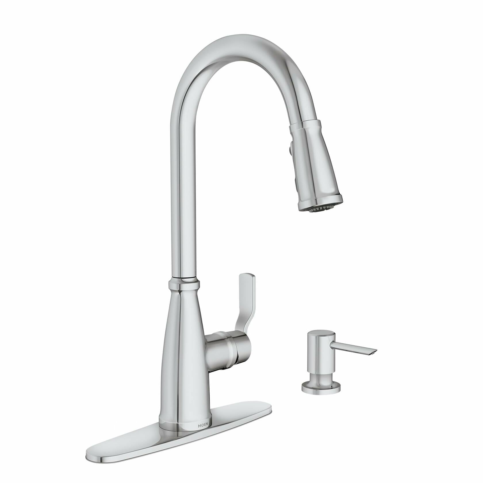 Moen Nolia Chrome One-Handle High Arc Kitchen Faucet with Pull Down Sprayer and Soap Dispenser, Kitchen Sink Faucet Featuring Power Boost Technology, 87071