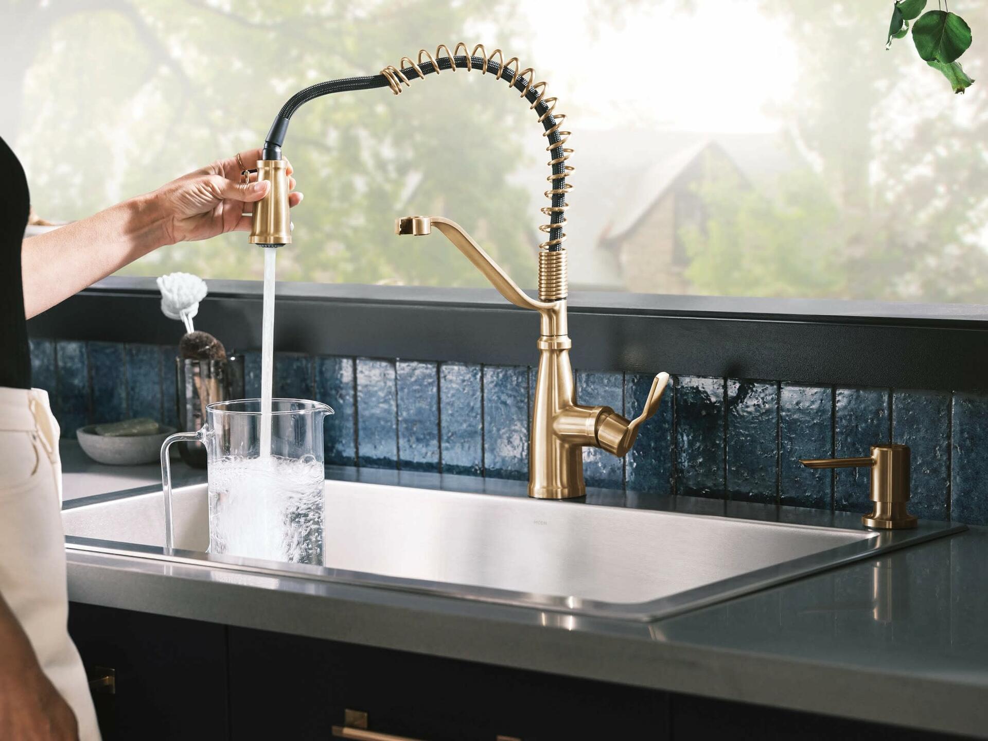 MOEN Nolia 87886BZG Single-Handle Pre-Rinse Spring Pulldown Kitchen Sink Faucet with Soap Dispenser in Bronzed Gold