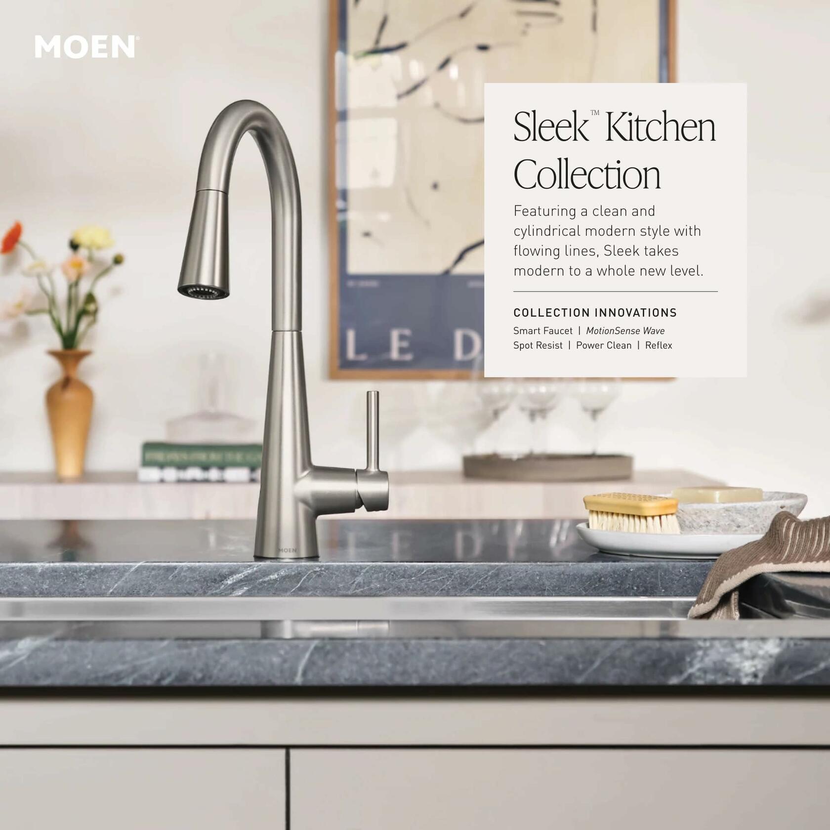 Moen Sleek Matte Black Motionsense Wave Sensor Touchless One-Handle High Arc Pulldown Modern Kitchen Faucet Featuring Power Clean, 7864EWBL