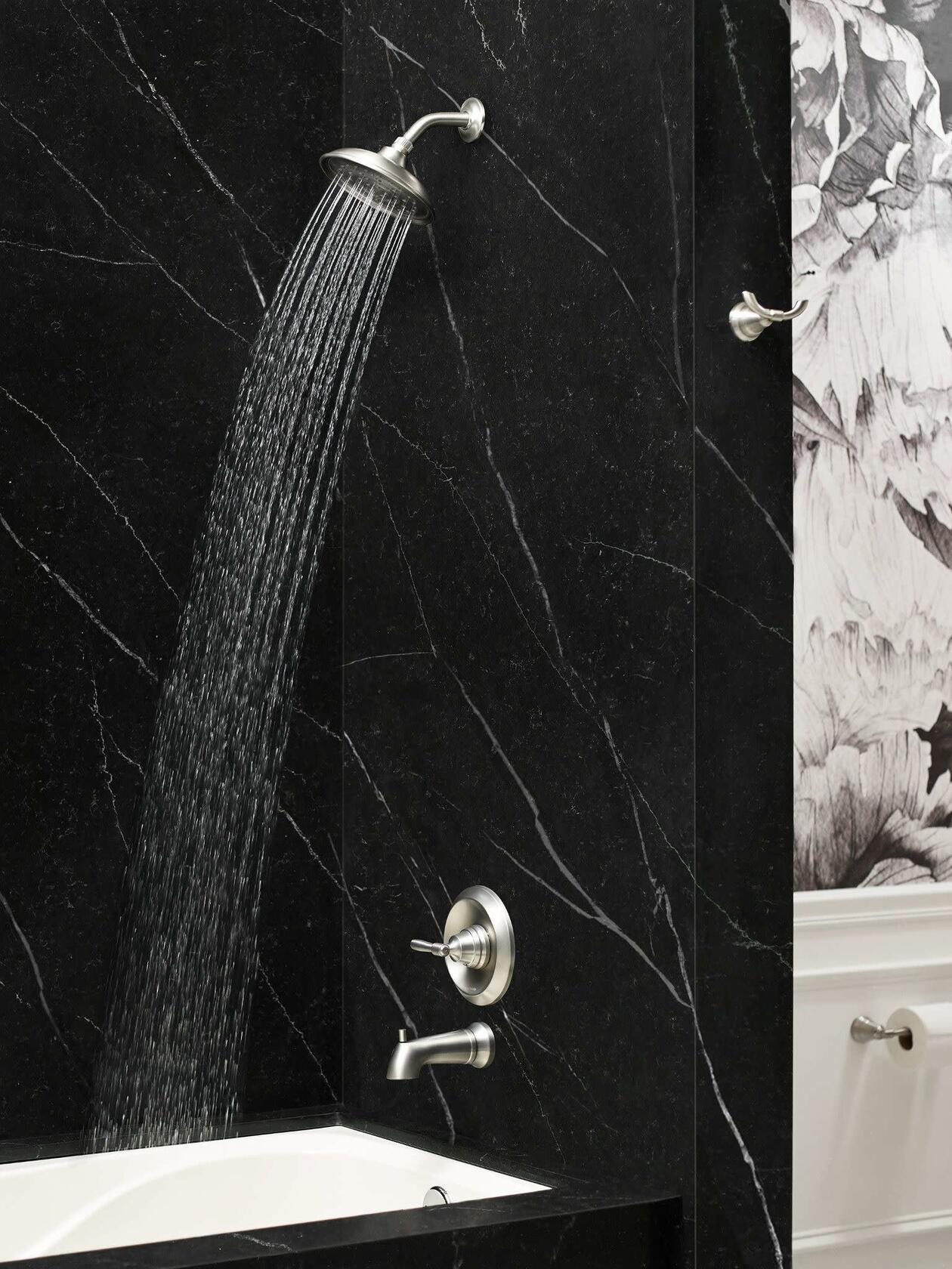 Moen Halle Spot Resist Brushed Nickel Tub and Shower Trim Kit Featuring Showerhead, Lever Handle, and Tub Spout with Posi-Temp Valve Included, 82970SRN