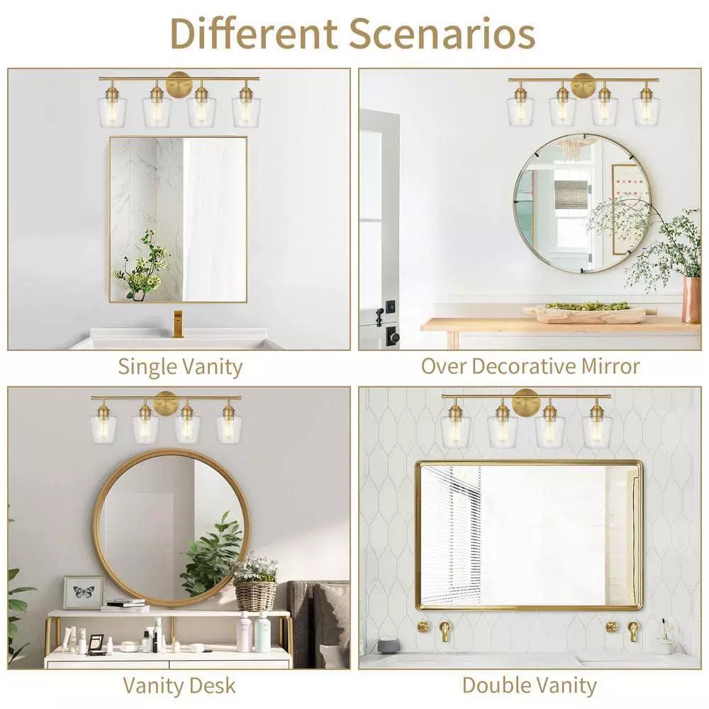 KAWOTI 4-Light Vanity Light for Bathroom Modern Bathroom Light Fixtures with Glass Shade (Antique Brass) - Like New