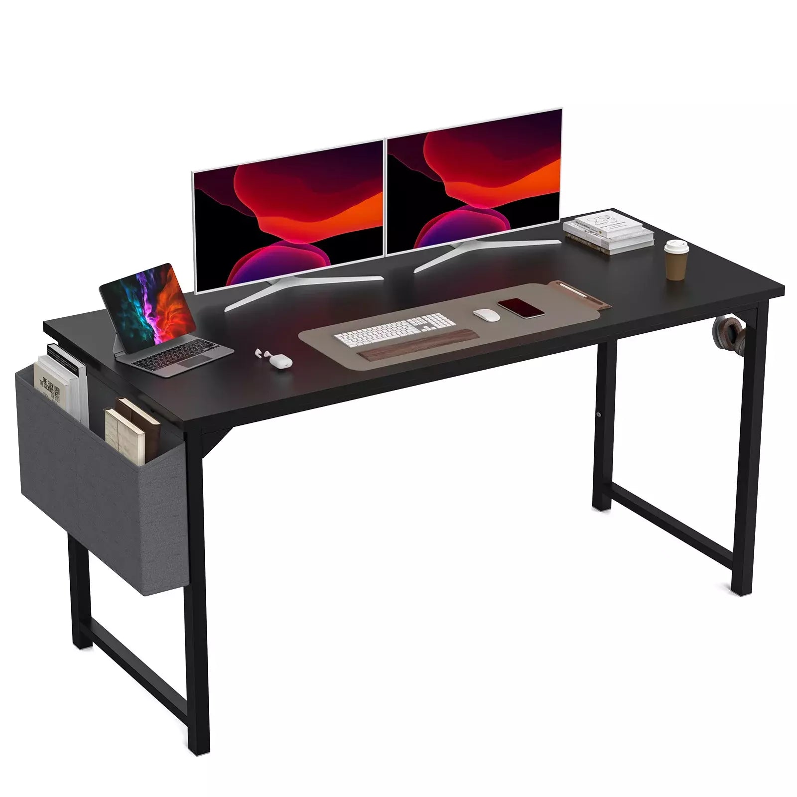 Computer Desk, Writing Study Table, Modern Compact Style with Side Bag & Hook
