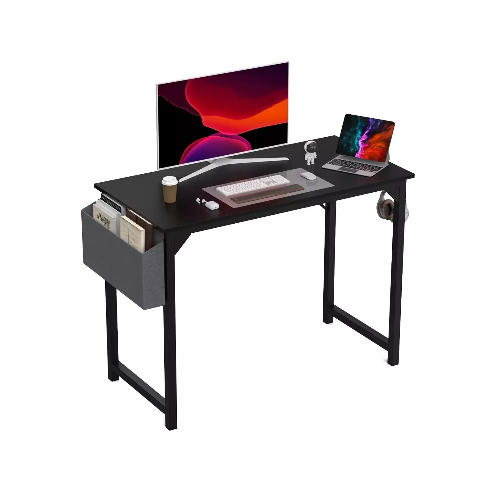 Computer Desk, Writing Study Table, Modern Compact Style with Side Bag & Hook