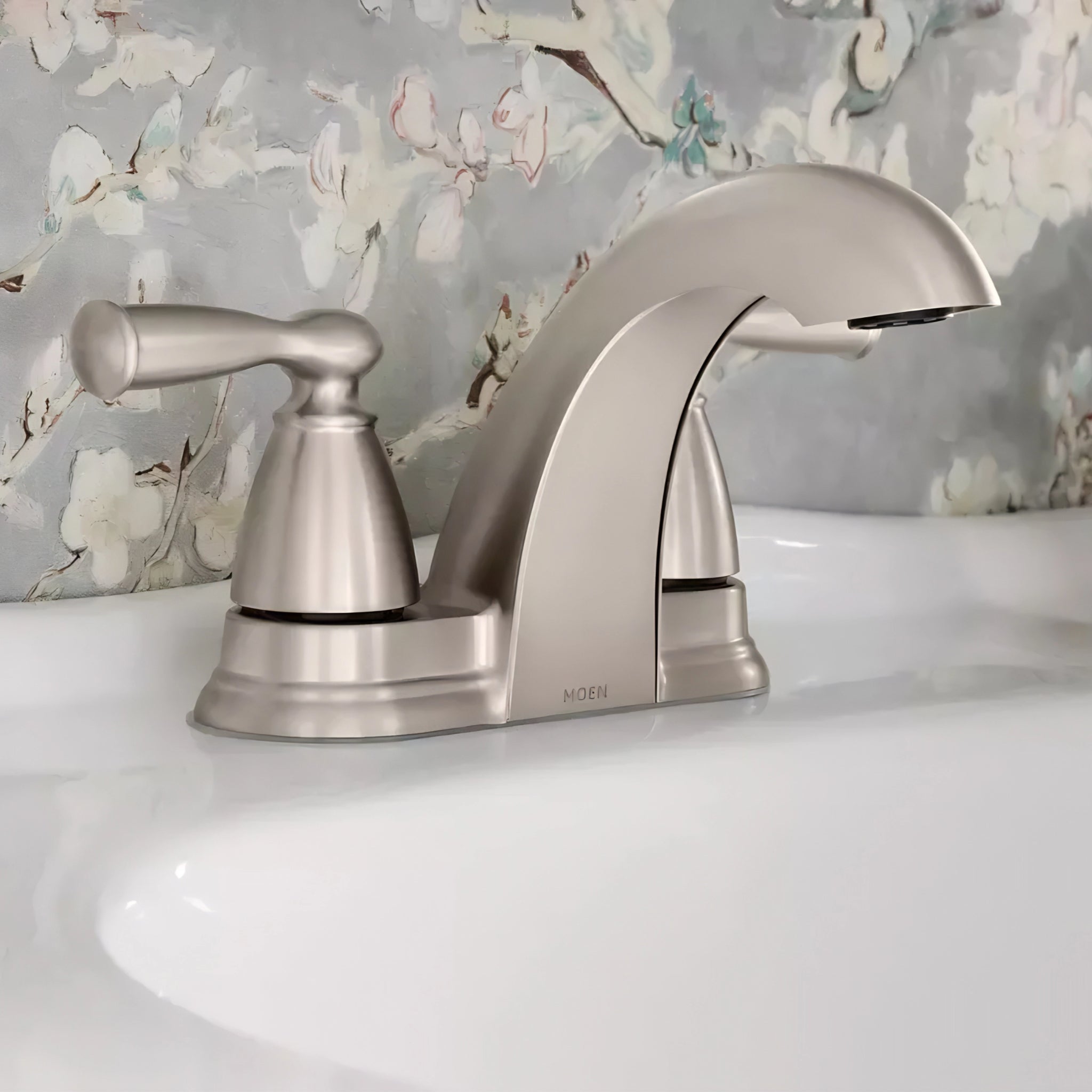 MOEN Banbury 84942SRN 4 in. Centerset Double Handle Low-Arc Bathroom Faucet in Spot Resist Brushed Nickel