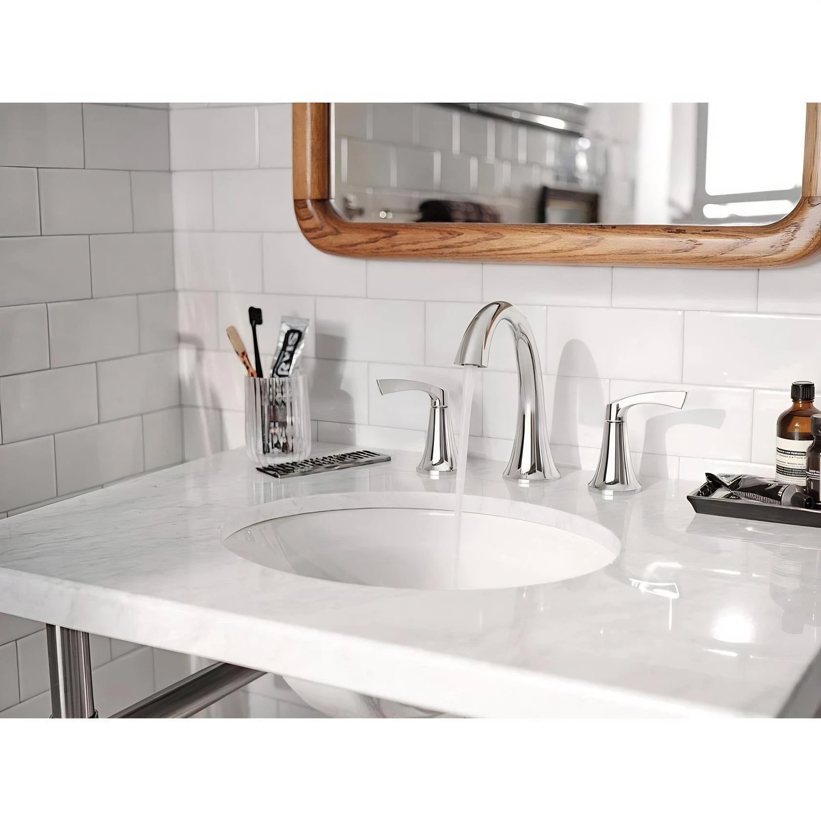 MOEN Korek 84468 Widespread Double Handle High-Arc Bathroom Faucet with Valve in Chrome