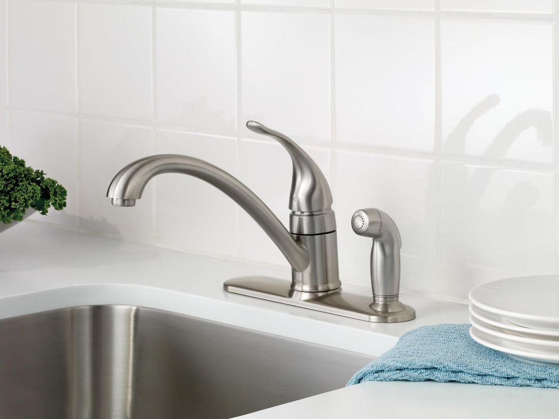 MOEN Torrance CA87484SRS Single-Handle Low-Arc Standard Kitchen Faucet with Side Sprayer on Deck in Spot Resist Stainless