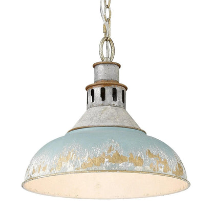 Golden Lighting Kinsley 14" Rustic Aged Galvanized Steel Pendant Steel Teal - Like New