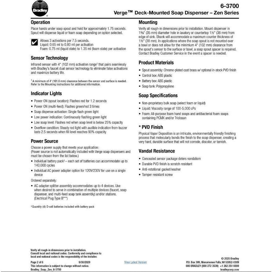 Bradley (6-3700) RFT-BB - Touchless Counter Mounted Sensor Soap Dispenser