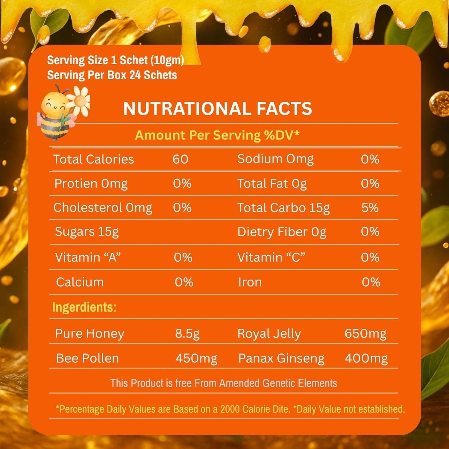 Organic Natural Honey infused with Natural Jelly, Honey Bee Pollen 24 Sachets
