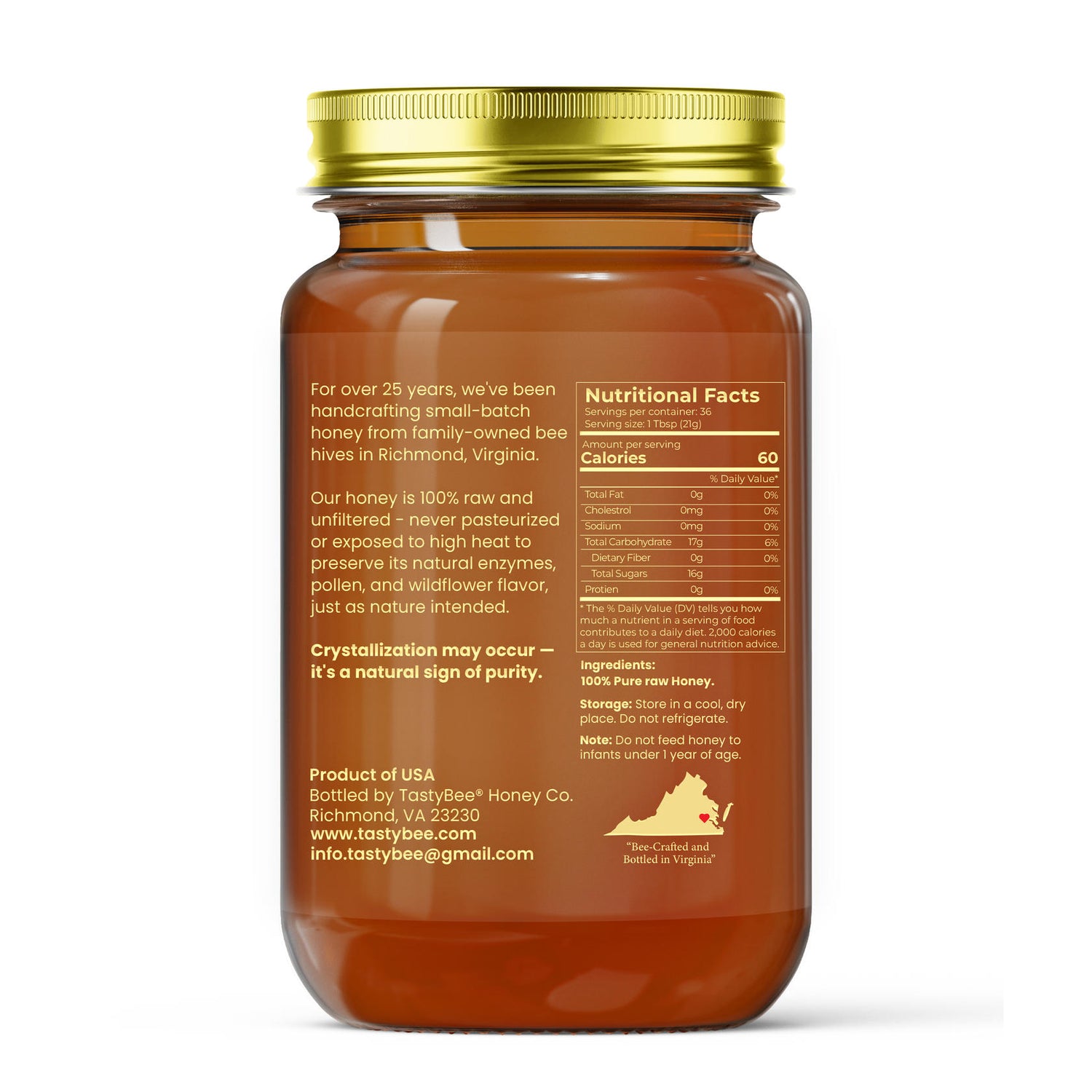 TastyBee 100% Raw Wildflower Honey – Pure, Unfiltered Local Virginia Honey – Hand Harvested, No Additives – Natural Sweetener for Tea, Coffee, Toast, Waffles, Pancakes and More – 27 Oz
