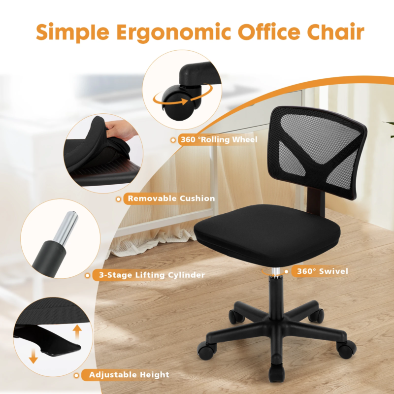 Mesh Office Chair with Lumbar Support, Armless, Adjustable Height, 360° Swivel