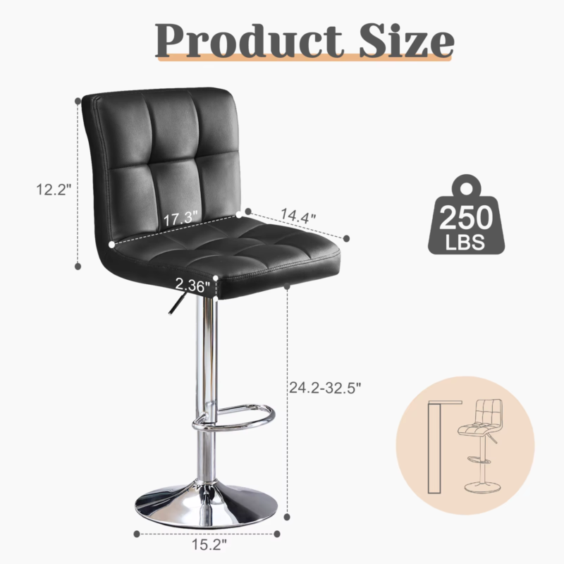 PU Leather Bar Stools, Upholstered Counter Height Stool with Backrest, Set of 2