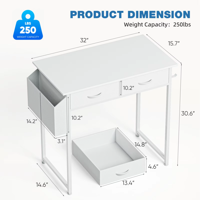 32 Inch Modern Office Desk, Fabric Storage Drawers, Metal Frame, Adjustable Feet
