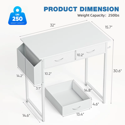 32 Inch Modern Office Desk, Fabric Storage Drawers, Metal Frame, Adjustable Feet