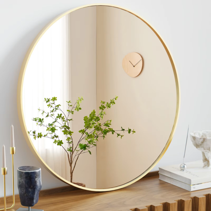 Large Round Vanity Mirror, Matte Metal Frame, Modern Glass, Bedroom, Living Room