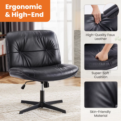 PU Leather Cross Legged Office Chair, Armless Desk Chair, Adjustable Swivel Base
