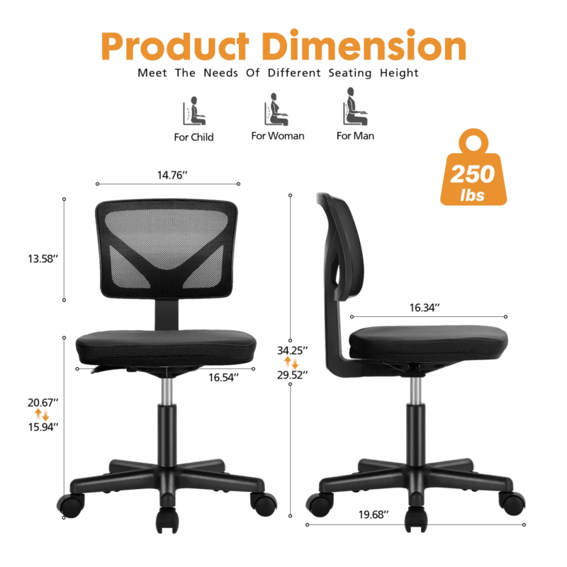 Mesh Office Chair with Lumbar Support, Armless, Adjustable Height, 360° Swivel