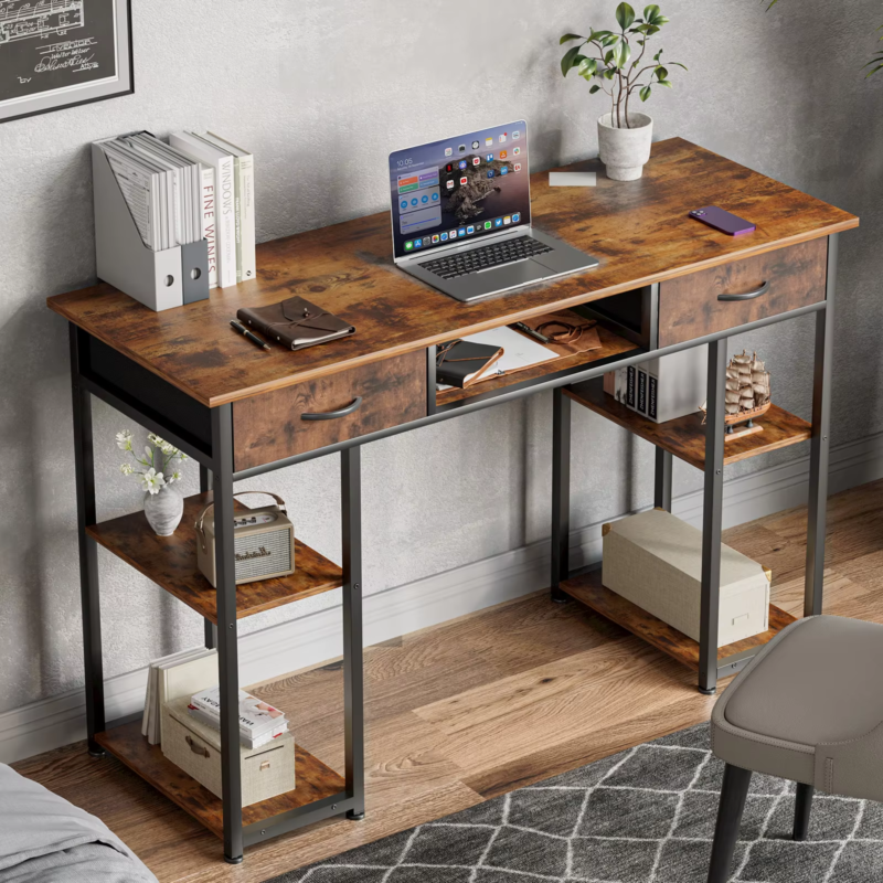 48 Inch Double Deck Shelving Office Desk with Pull-Out Drawers and Adjustable Feet