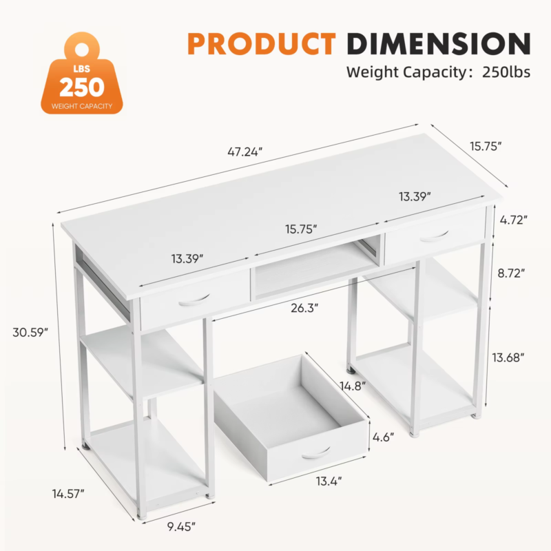 48 Inch Double Deck Shelving Office Desk with Pull-Out Drawers and Adjustable Feet