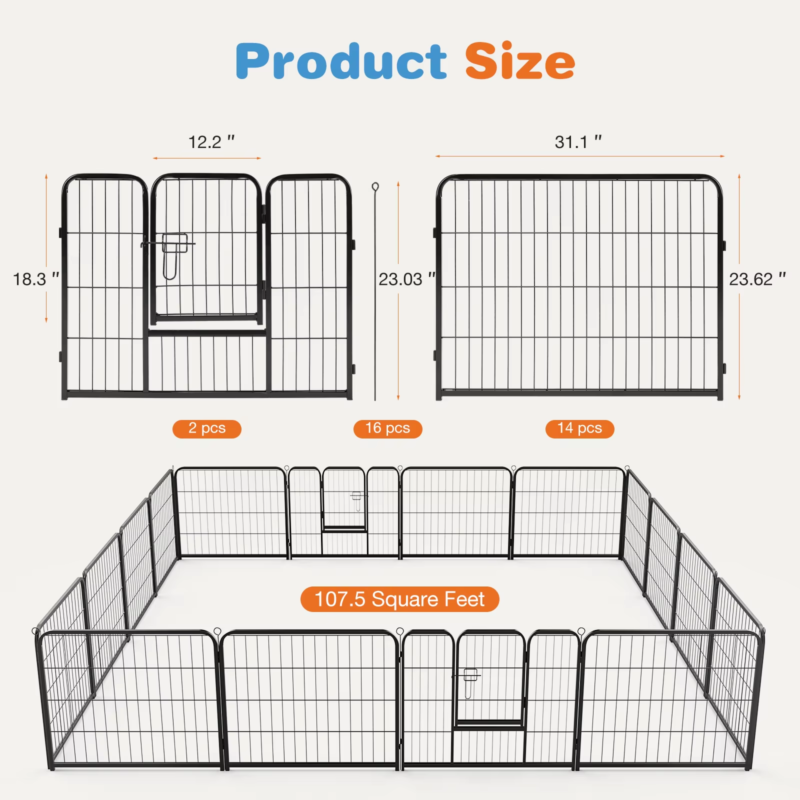 16 Panel Dog Playpen, Pet Fence with Doors, Heavy Duty for Indoor and Outdoor