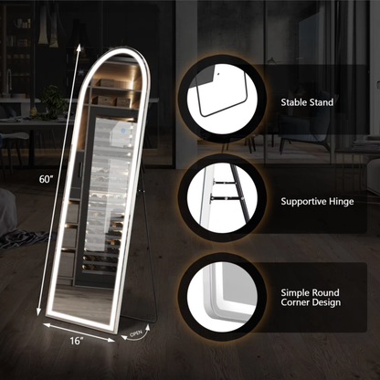 LED Dimming Full Length Mirror, 3-Color Lighting, Aluminum Frame, Floor &amp; Wall