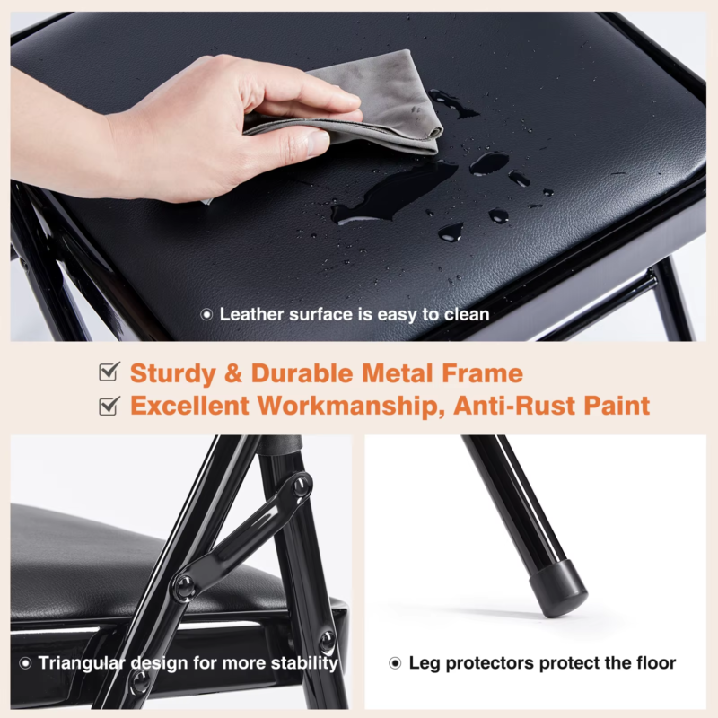 Leather Padded Folding Chairs, for Living Room, Office, Outdoor, 4-Pack
