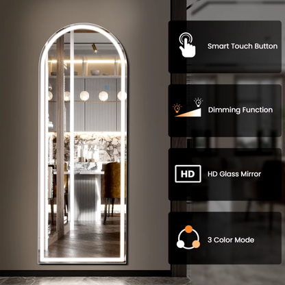 LED Dimming Full Length Mirror, 3-Color Lighting, Aluminum Frame, Floor &amp; Wall