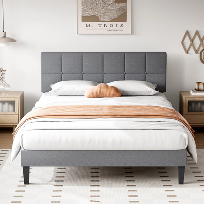 Bed Frame with Headboard, Upholstered Platform, Wood Slats, No Box Spring Needed