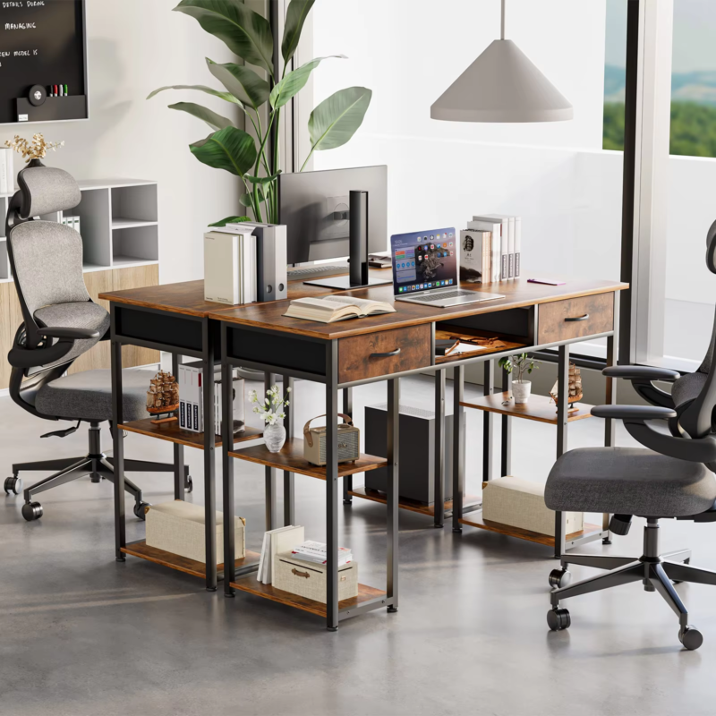 48 Inch Double Deck Shelving Office Desk with Pull-Out Drawers and Adjustable Feet