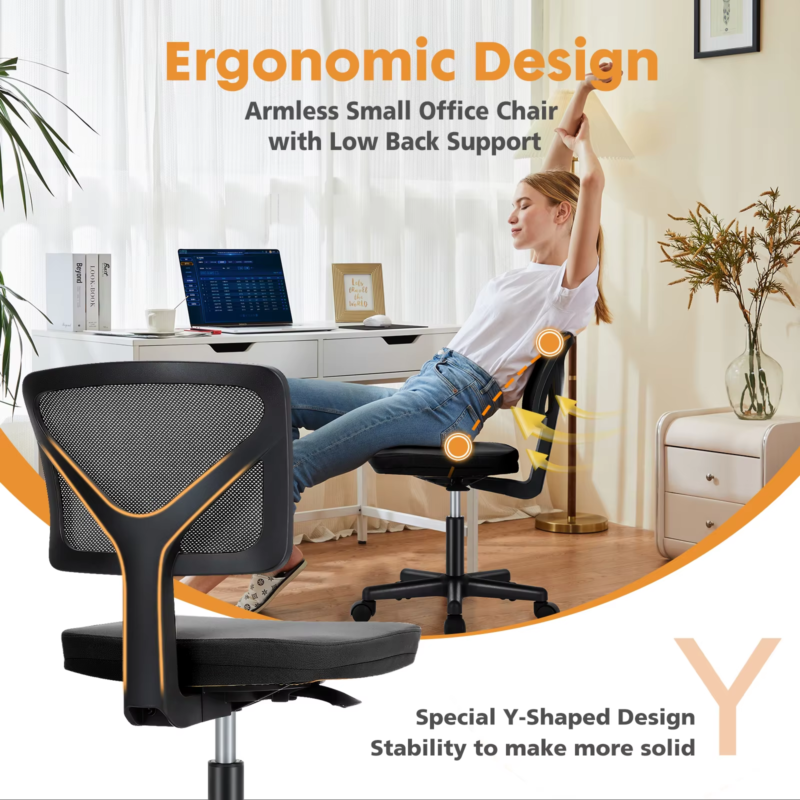 Mesh Office Chair with Lumbar Support, Armless, Adjustable Height, 360° Swivel