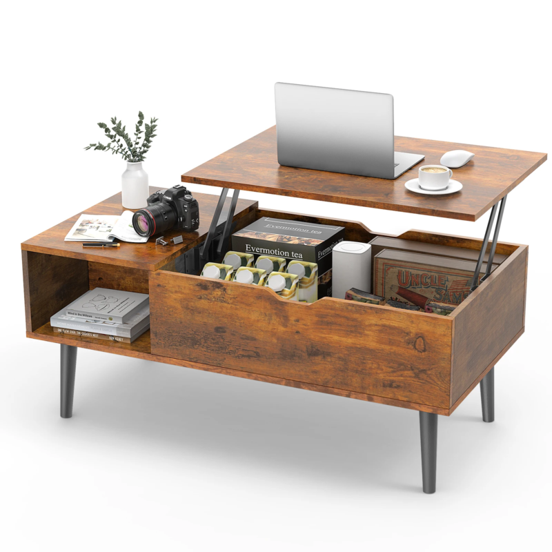 Lift Top Coffee Wooden Table for Living Room, Adjustable Desk with Storage Shelf