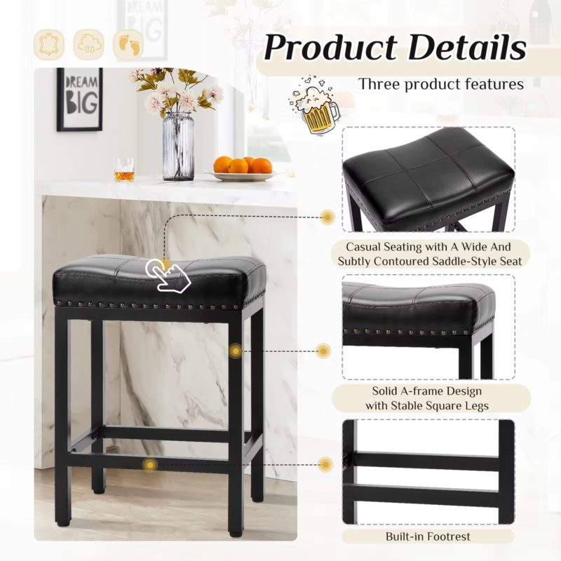 PU Leather Bar Stools, Saddle-Style Upholstered Chair, Counter Height, Set Of 2