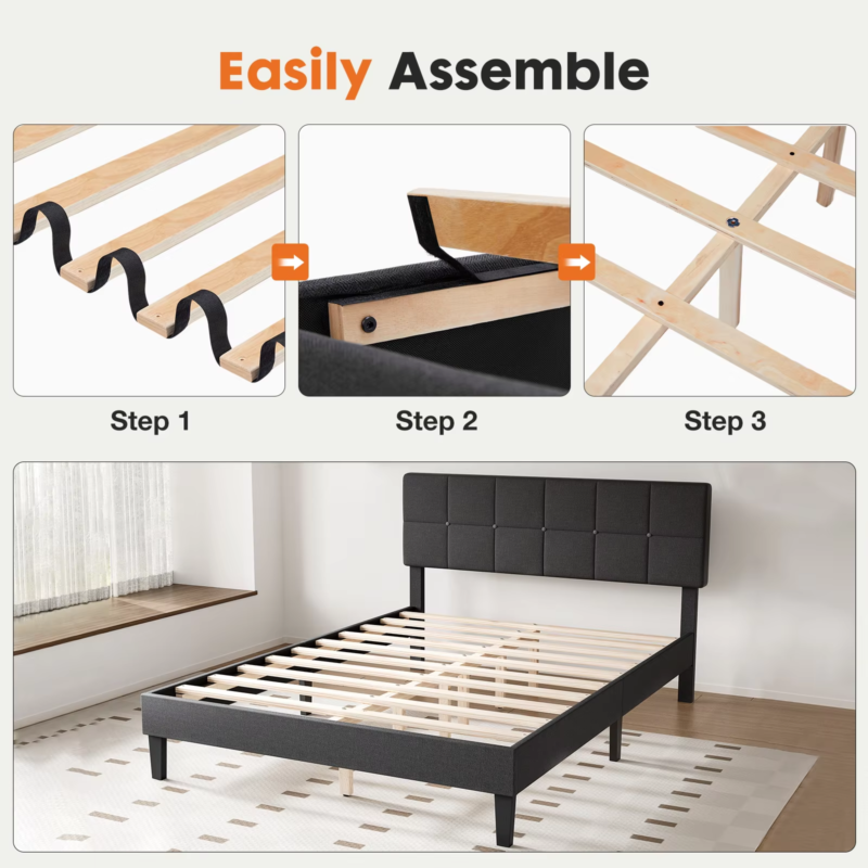 Bed Frame with Headboard, Upholstered Platform, Wood Slats, No Box Spring Needed