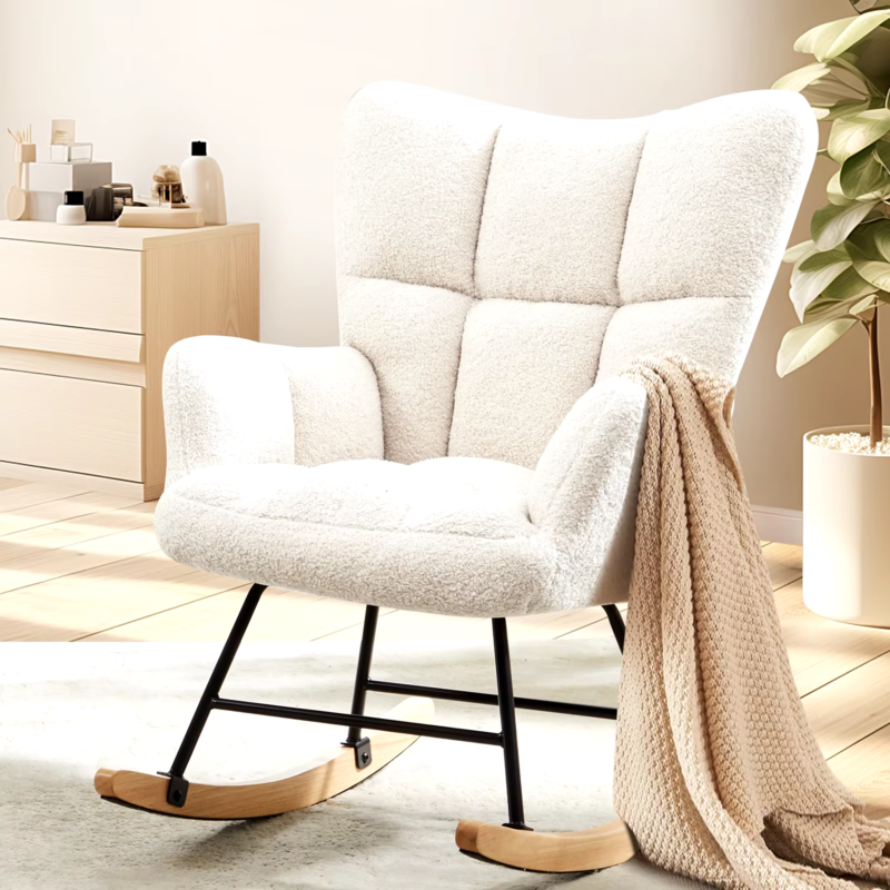 Teddy Fabric Upholstered Glider, High Backrest, Padded Seat, Rocker Armchair