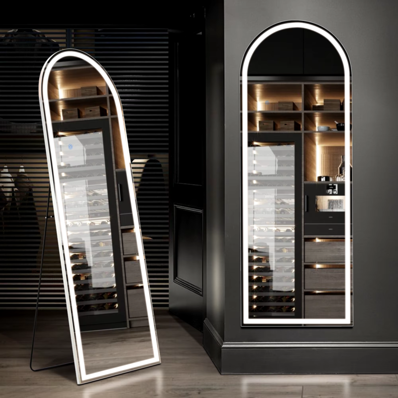 LED Dimming Full Length Mirror, 3-Color Lighting, Aluminum Frame, Floor & Wall