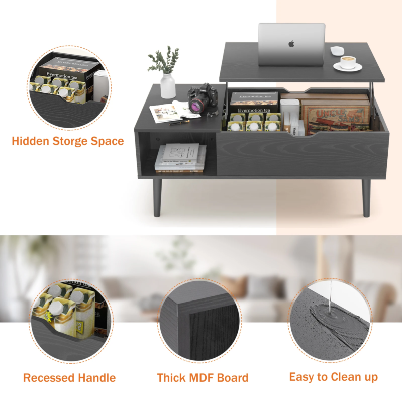 Lift Top Coffee Wooden Table for Living Room, Adjustable Desk with Storage Shelf
