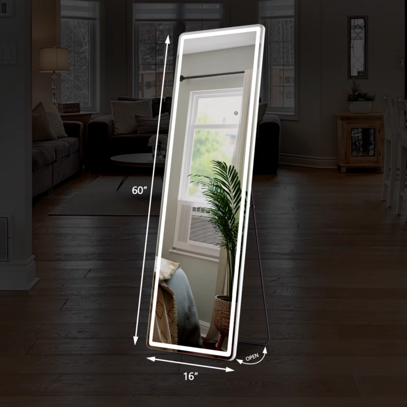 LED Dimming Full Length Mirror, 3-Color Lighting, Aluminum Frame, Floor &amp; Wall