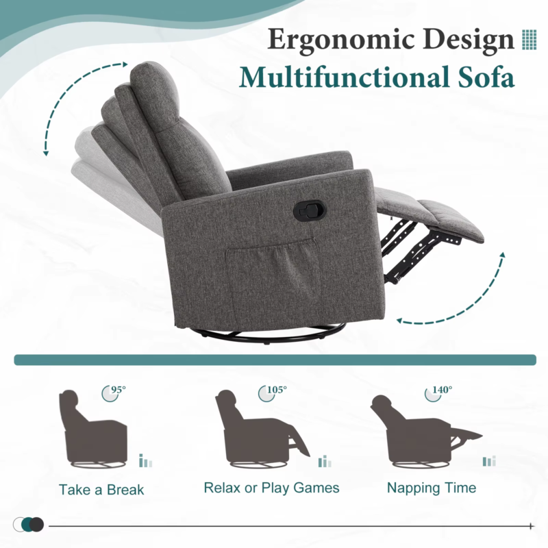 Rotating Recliner Chair with Oversized Foot, Swivel Rocker Glider, Nursery Sofa