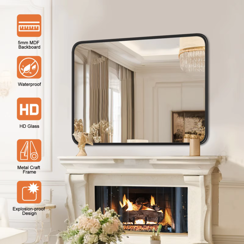 Large Rectangle Vanity Mirror, Matte Metal Frame, Modern Tempered Glass