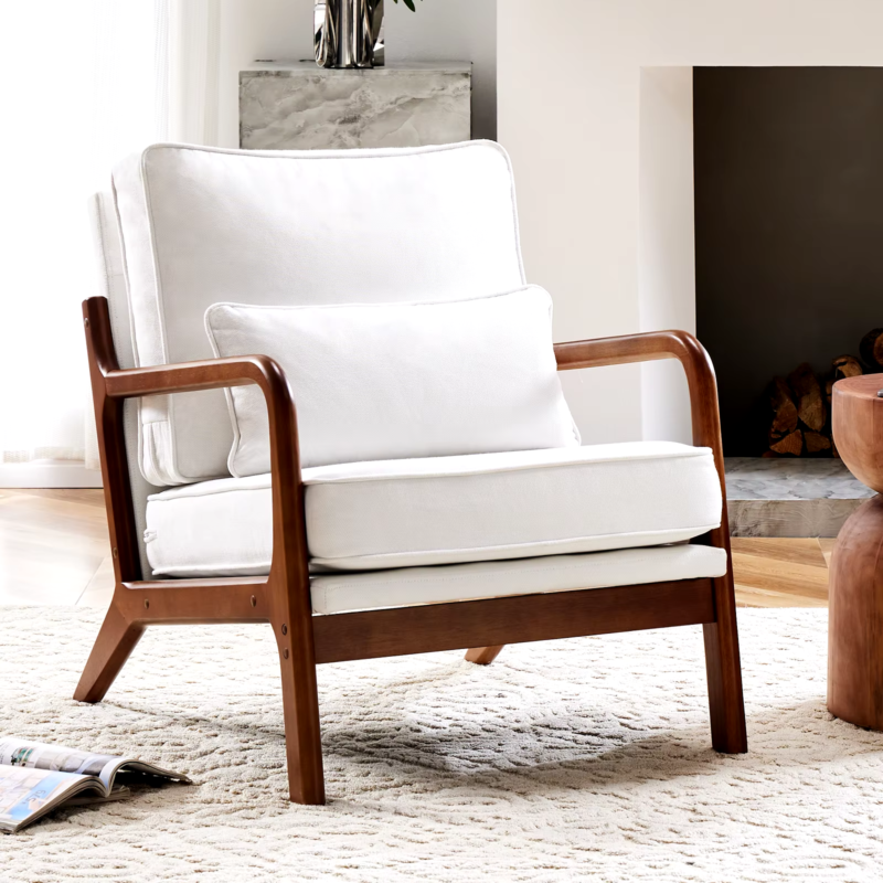 Modern Accent Mid-Century Chair, Upholstered Rocker with Wood Frame and Pillow- Rice White
