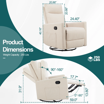 Rotating Rocking Recliner with Oversized Foot, Swivel, Glider Nursery Chair