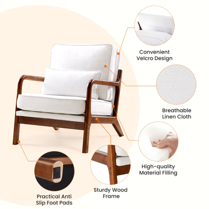 Modern Accent Mid-Century Chair, Upholstered Rocker with Wood Frame and Pillow- Rice White
