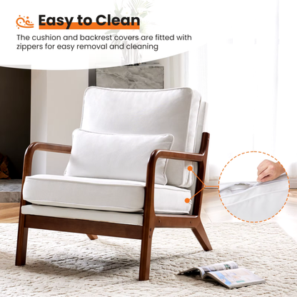 Modern Accent Mid-Century Chair, Upholstered Rocker with Wood Frame and Pillow- Rice White