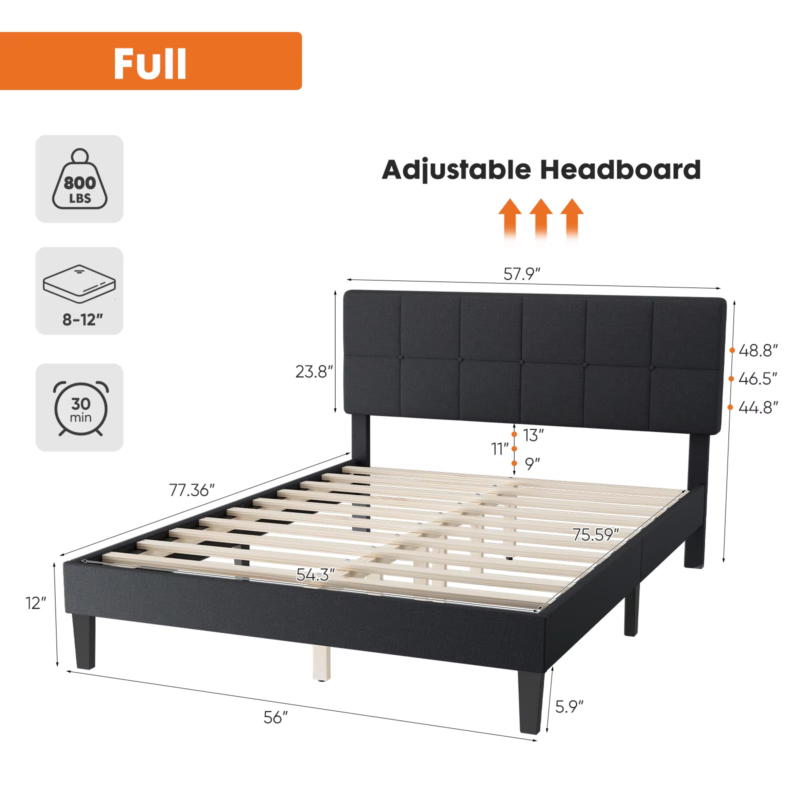 Bed Frame with Headboard, Upholstered Platform, Wood Slats, No Box Spring Needed